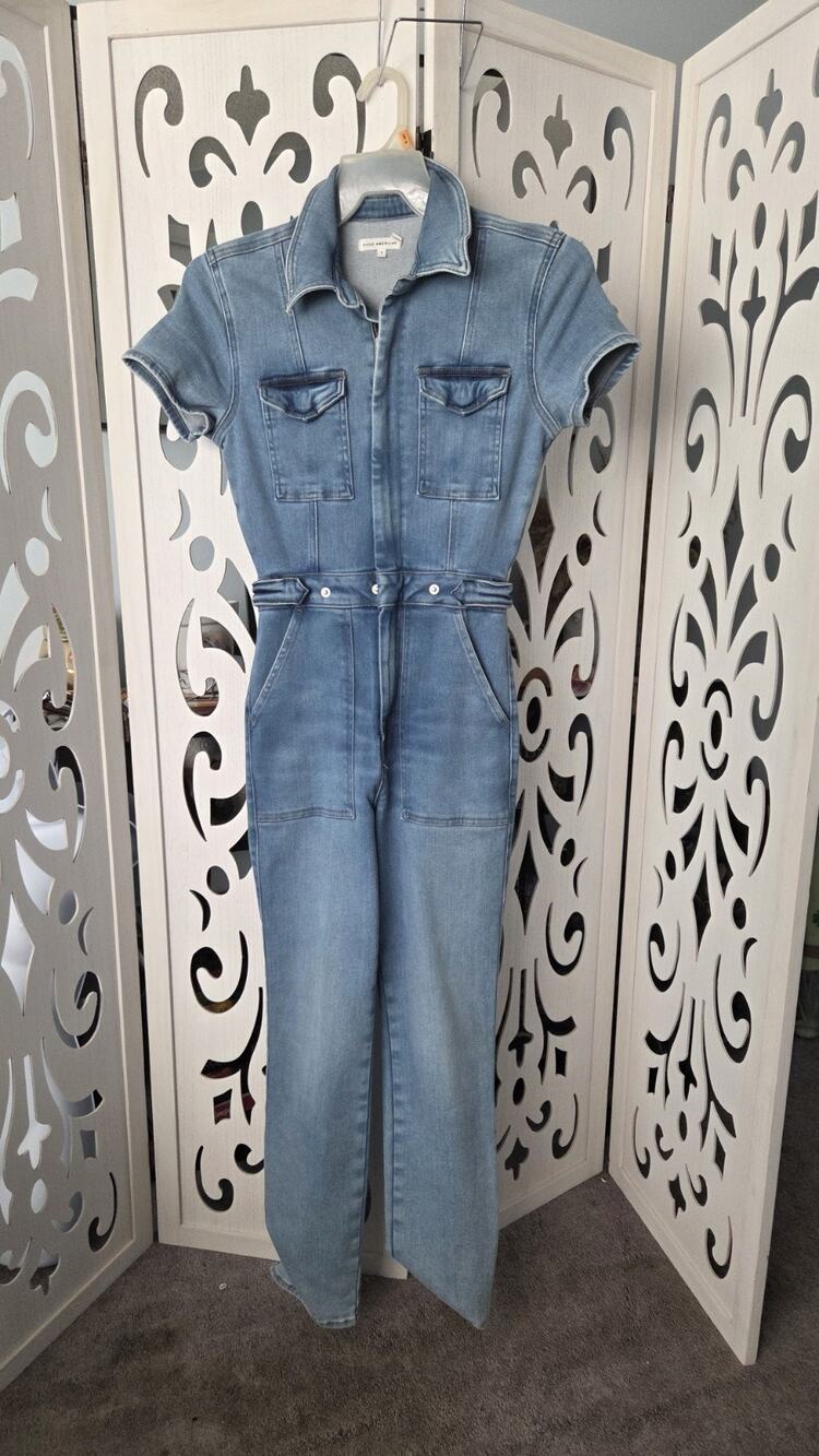 Good American Fit For Success Denim Jumpsuit Size 1 S Blue Zip Utility Wide Leg